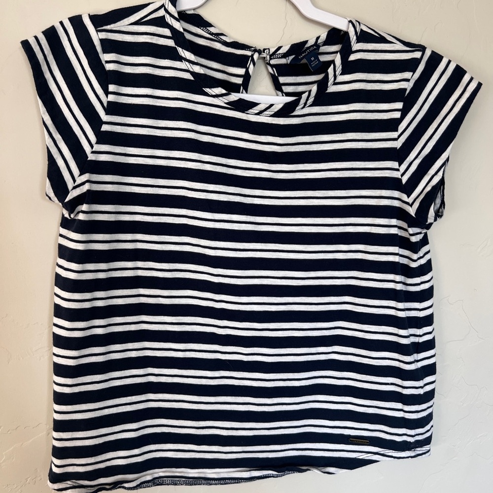 Nautica Navy and White Striped Short Sleeve Tee